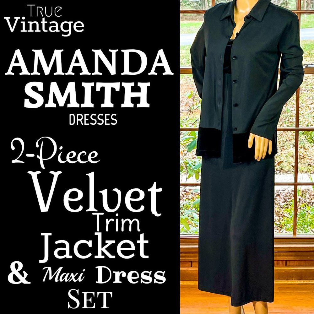 ⭐️HP⭐️VTG▪️AMANDA SMITH▪️2-Piece Black Velvet Trim Jacket & Maxi Dress Set